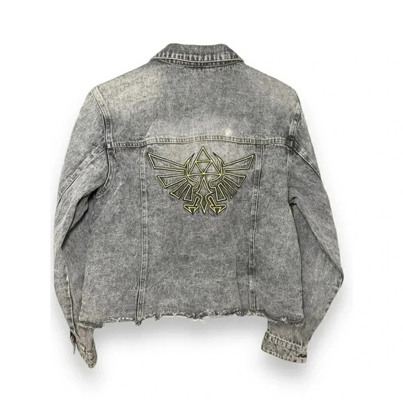 Distressed Denim Jacket with Zelda Triforce Embroidery Gamer Streetwear‎ - Picture 2 of 12